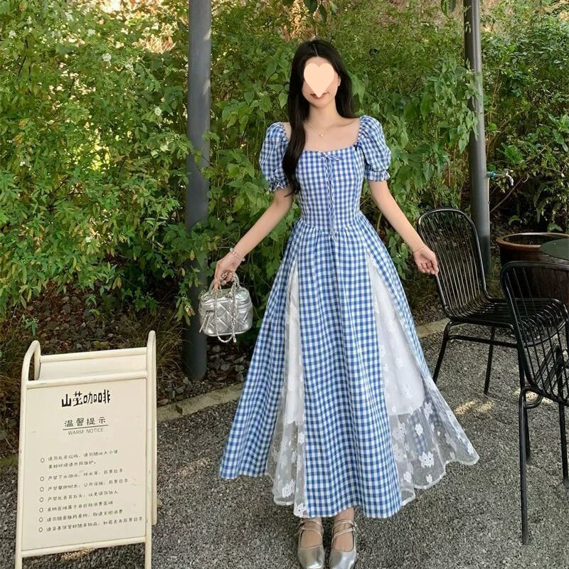 Длинная юбка с французским клетчатым кружевом на талии, утягивающая талию, новинка лета 2025 года, ретро-фигура в форме груши, длинная юбка, закрывающая тело