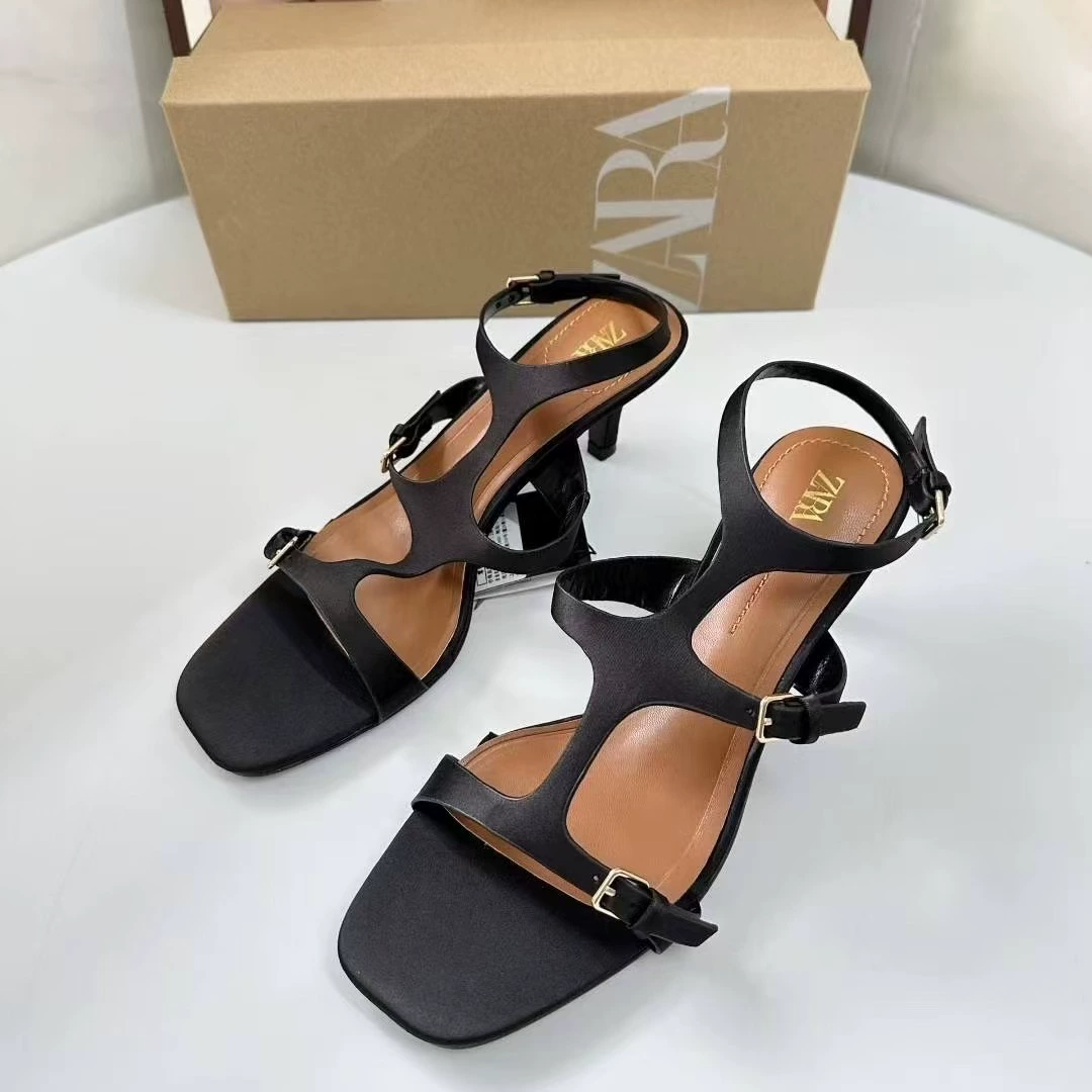 Zara, черный модный ремень с низким вырезом и стропой, сандалии, Испания