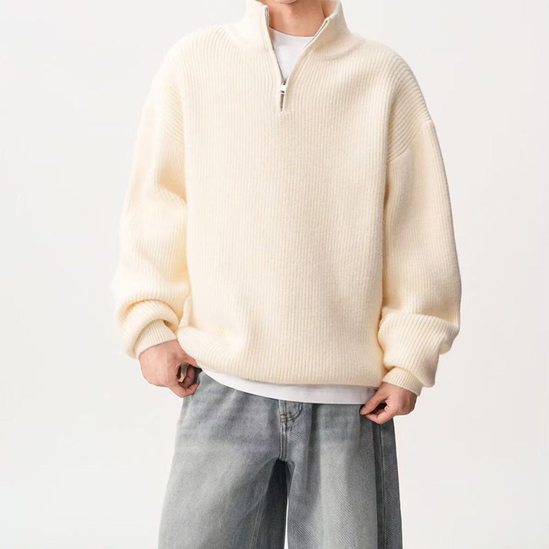 Half-zip heavy weight stand-up collar sweater for men, Korean style trendy brand, loose and casual, solid color, versatile knitwear for men