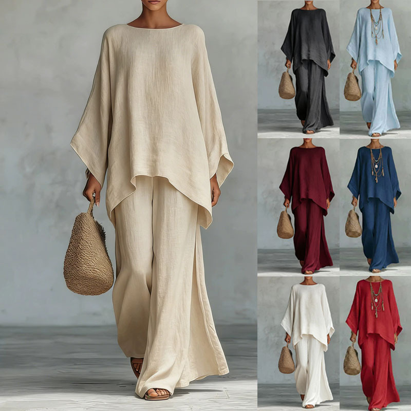 European and American Women's Clothing Summer New Cross-Border Style Loose Linen Blend Solid Color Shirt Wide-Leg Pants Women's Casual Set European and American Women's Clothing Summer New Cross-Border Style Loose Linen Blend Solid Color Shirt Wide-Leg Pants Women's Casual Set