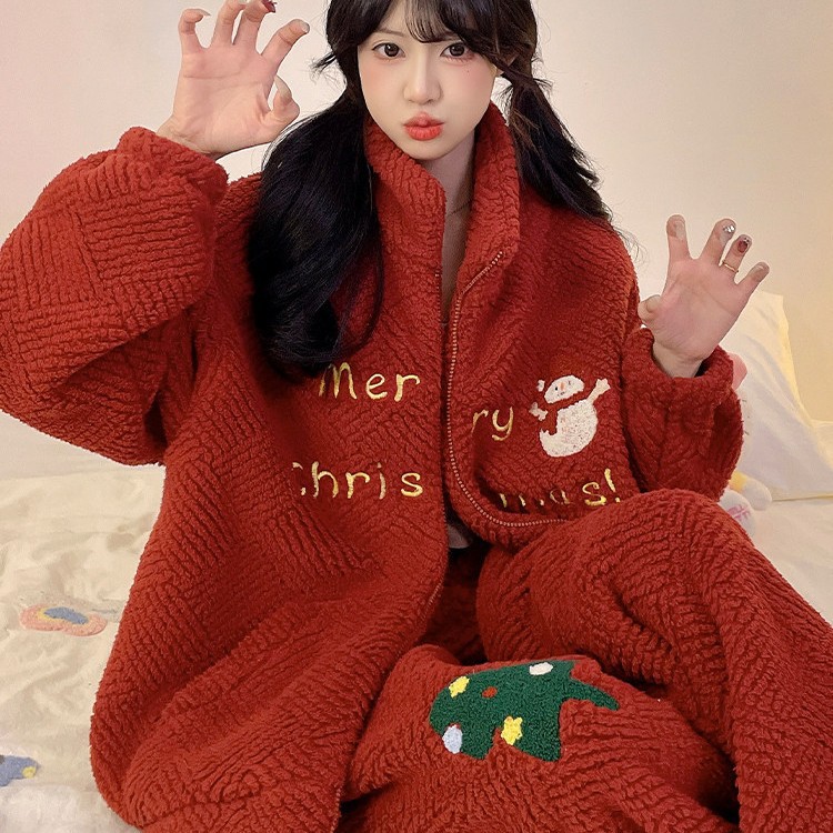 圣诞节雪人红色珊瑚绒睡衣女款冬季本命年加绒加厚家居服套装冬天