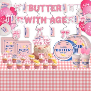 亚马逊新品粉色黄油蝴蝶结派对用品套装生日布置纸盘纸杯横幅装饰