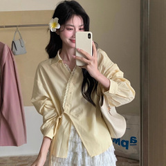 法式气质蕾丝边长袖衬衫女秋季外搭设计高级感小众侧绑带漂亮小衫