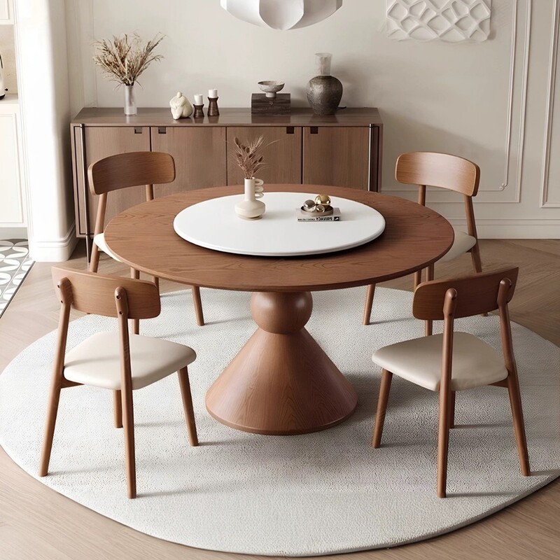 High-End Solid Wood Dining Table, Round, Mid-Century Style, Suitable for Small Apartments, with a Turntable, Made of White Ash Wood, Dining Table and Chair Set