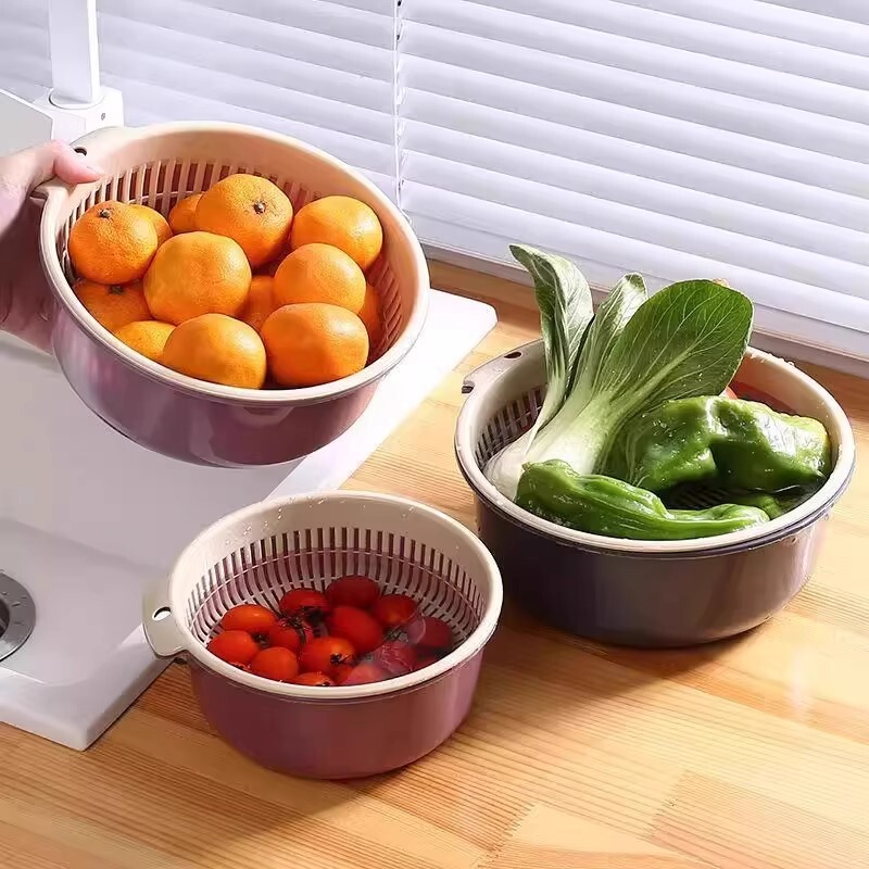 二層野菜洗い桶、プラスチック排水バスケット、米洗い器、野菜青、野菜洗い桶、家庭用キッチン果物洗い桶|undefined