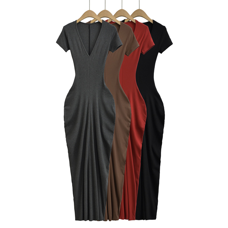 European and American Style Hot Girl Pleated Bodycon Dress 2025 Summer New Elegant V-Neck Slim Waist Short-Sleeve Dress Long Dress