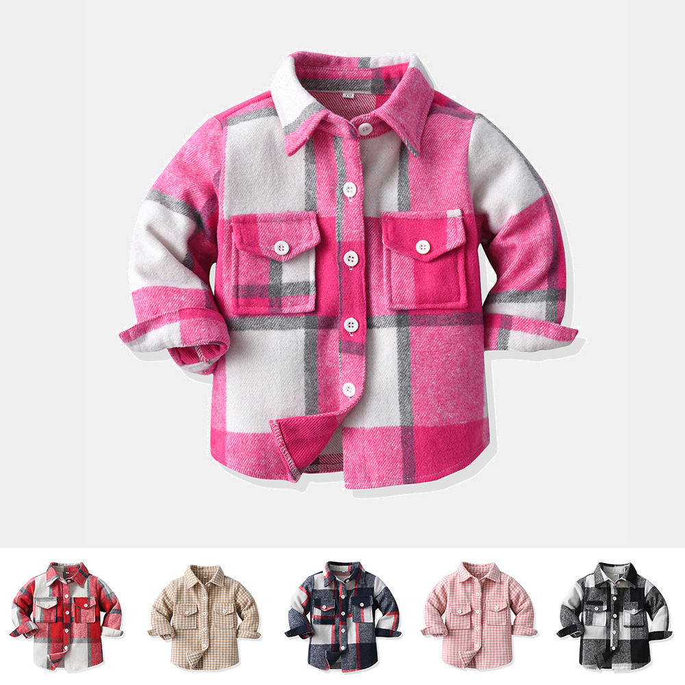 Top de manga larga con solapa a cuadros para niños de comercio exterior primavera y otoño chaqueta corta de un solo pecho para niños medianos y grandes ropa neutral de todo fósforo