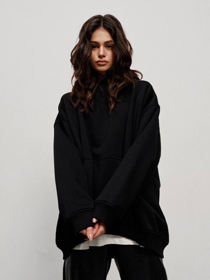 Áo hoodie nỉ lông dáng rộng có mũ và túi, tay dài, dáng unisex — Màu cà phê, Màu hồng, Màu xám, Màu đen chi tiết 62