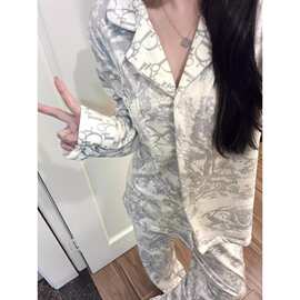 网红法兰绒睡衣套装秋冬新款长袖长裤家居服女弹力丝麻棉翻领