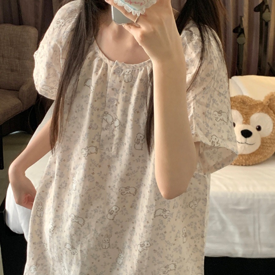 Algodón de verano pequeño vestido de pijama floral vestido de mujer dulce encantador literario casero vestido de pijama delgado al por mayor