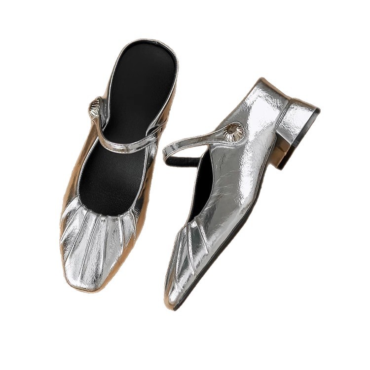 Sandalias de media arrastre de puntera plateada de 7cm de altura interior para mujer 2025 nueva moda de verano tacones gruesos zapatos individuales