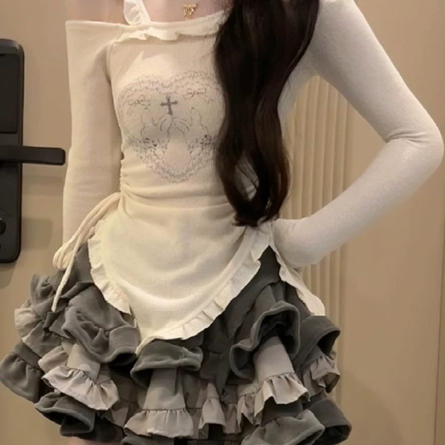 Сладкая крутая Горячая футболка в стиле маленькой девушки с принтом, Женская Весенняя облегающая тонкая футболка с неровным подолом и длинными рукавами, топ с открытыми плечами