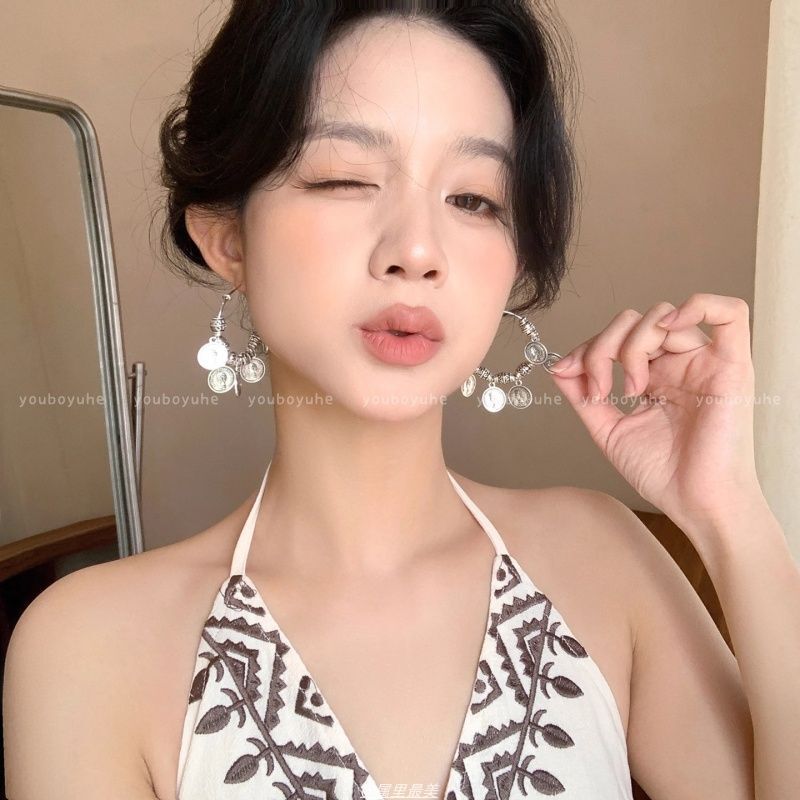 易梦玲同款银色人像流苏圈圈耳环女高级感夸张耳圈民族风银针耳饰|undefined