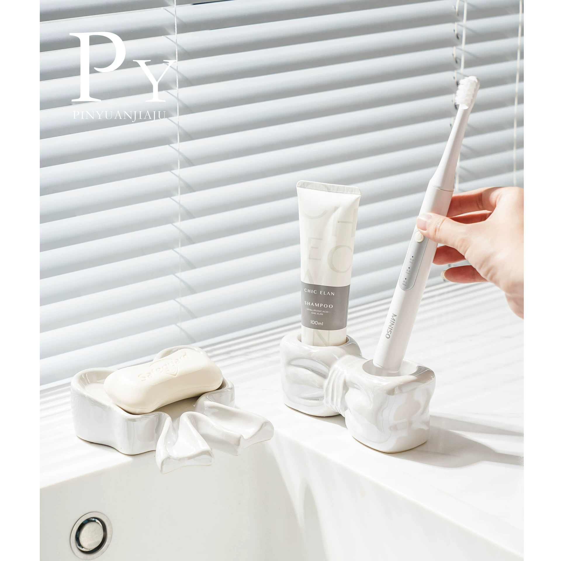 (Кросс-бордерный) Ceramic soap holder with bow, hygienic drying rack for home use, high-quality style, light luxury style