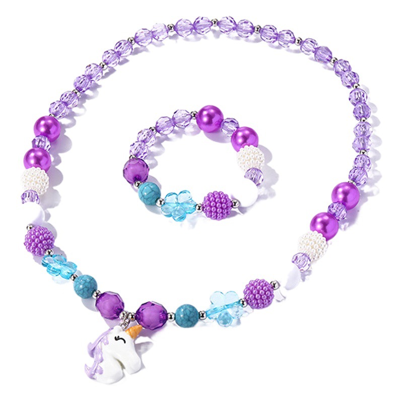 Cross-Border Children's Unicorn Necklace Girls Princess Jewelry Unicorn Rainbow Beaded Bracelet Necklace Set Wholesale