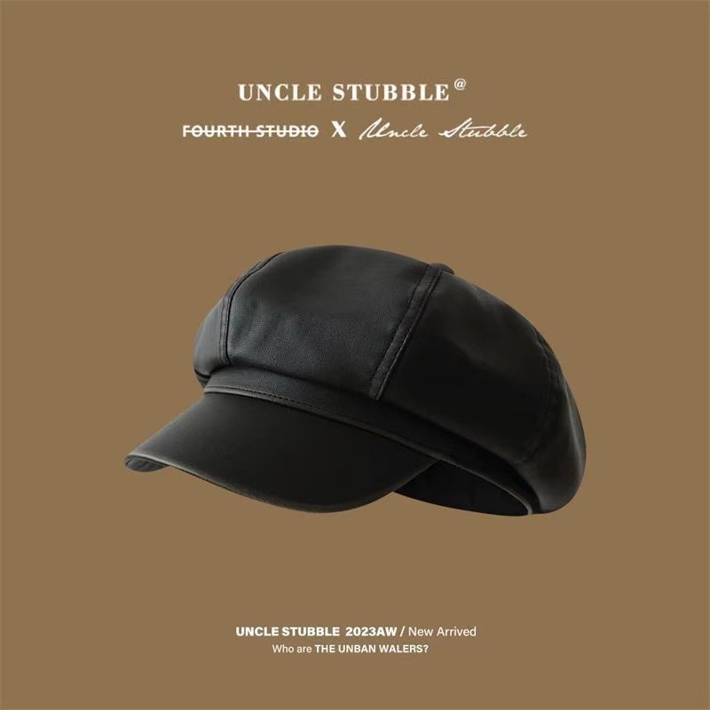 PU가죽 디스트레스드 팔각형 모자-[블랙]