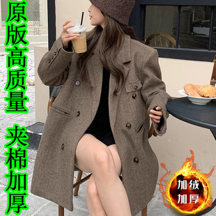 Popular Style] Retro Brown Herringbone Suit Top for Women Winter Loose Woolen Fashion Versatile Slim Suit Jacket