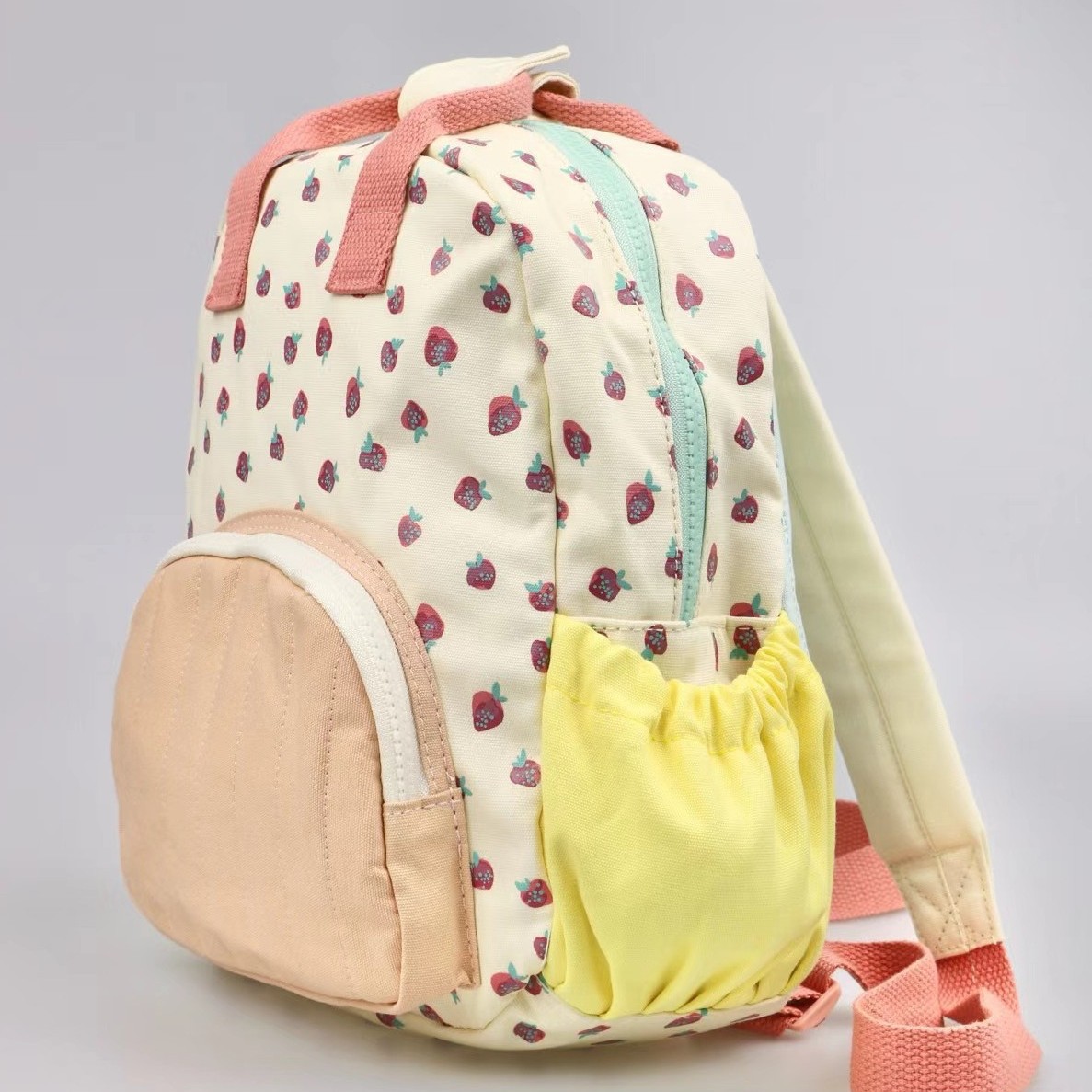 New Cotton Canvas Dopamine Strawberry Print Colorblock Cute Children Backpack Schoolbag