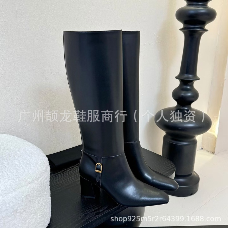 高端2025秋冬真皮英伦风复古粗高跟套筒显瘦不过膝长靴高筒骑士靴|undefined