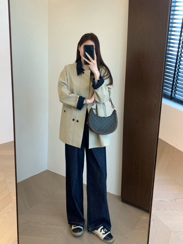 客供面料立裁挺括有筋骨撞色翻领落肩袖日系工装休闲风衣女秋新25|undefined