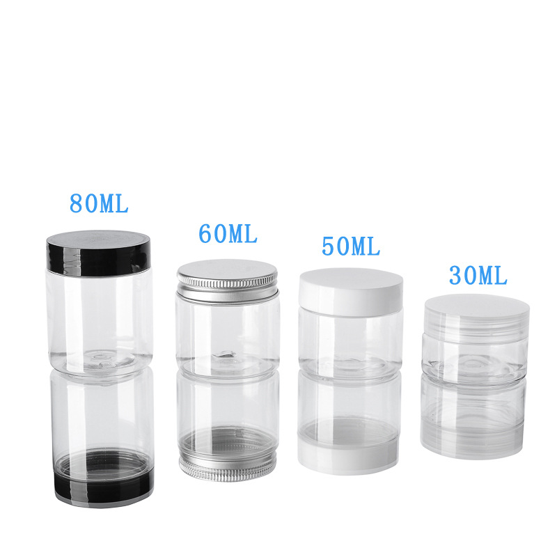 Fábrica 47mm de grado alimenticio pet botella de plástico 60g botella de plástico transparente 50g botella de crema de película de barro sub-embotellado