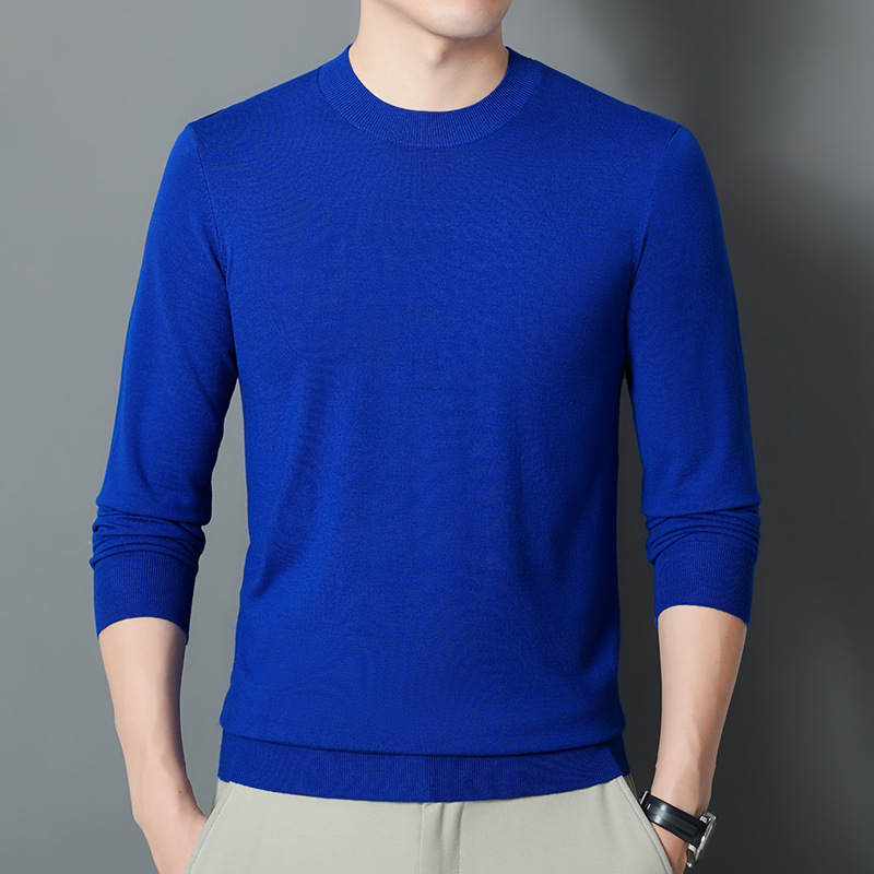 16-stitch half-high collar long-sleeve knit sweater for men, thin pullover for spring and autumn, solid color warm base layer
