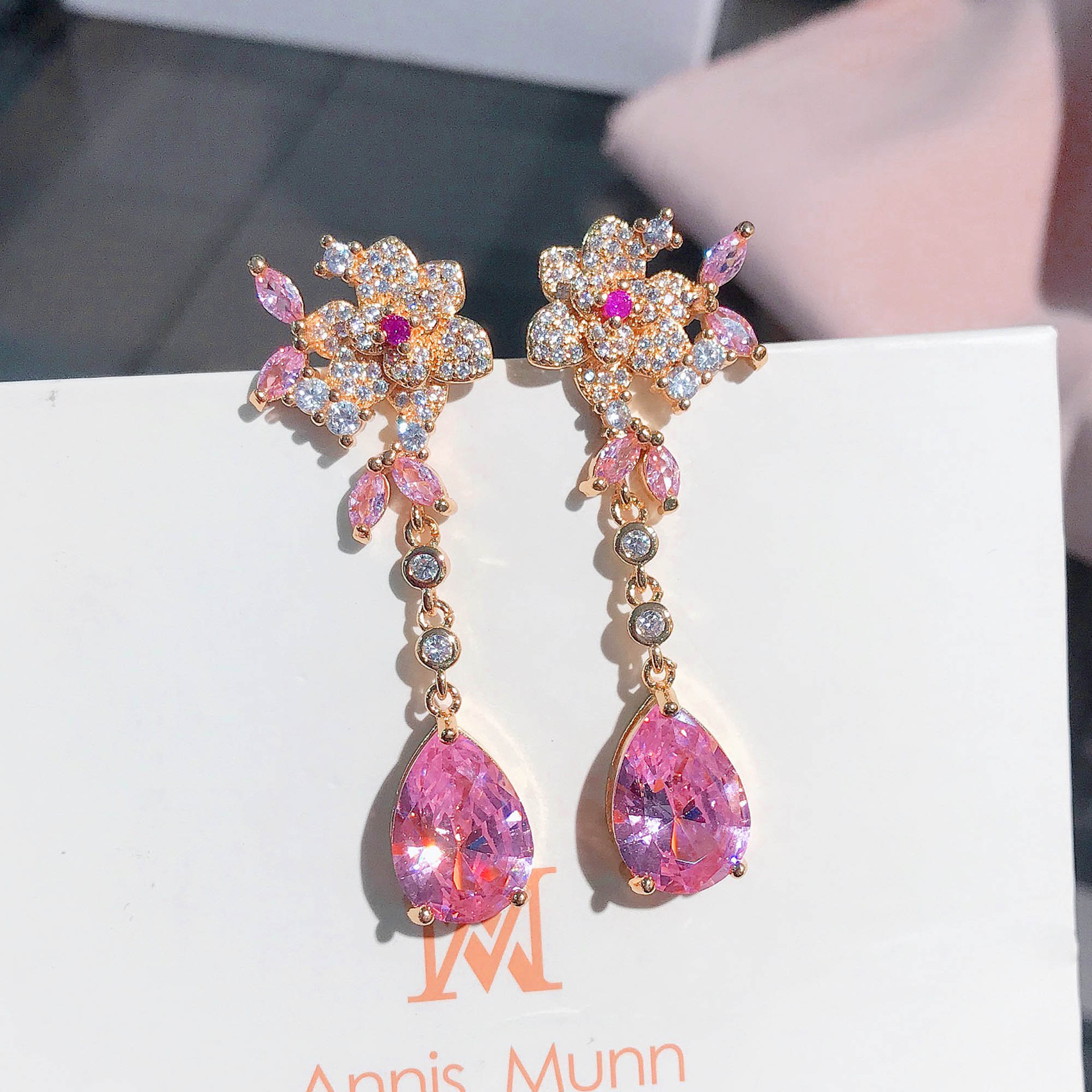 Flower Stud Earrings Stereo Rose Pink Drop-shaped Gemstone Crystal Long Earrings display picture 1
