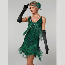 吊带亮片流苏裙1920欧美复古盖茨比舞会聚会V领大码晚礼服连衣裙