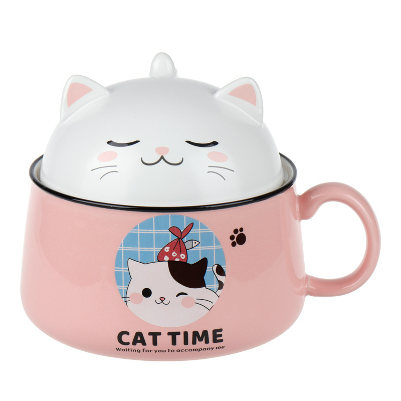 Taza de desayuno de caricatura de cerámica con tapa de alto valor de la oficina gatos creativos con mano mano mano mango de regalo tazón de porcelana image 6