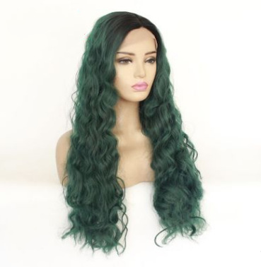 Funda de peluca de comercio exterior Estilo de moda europeo y americano, cabello largo y rizado verde ondulado, peluca de encaje frontal LW0294