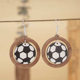 欧美跨境新款足球世界杯耳环几何圆形耳坠双面木质耳饰运动配饰