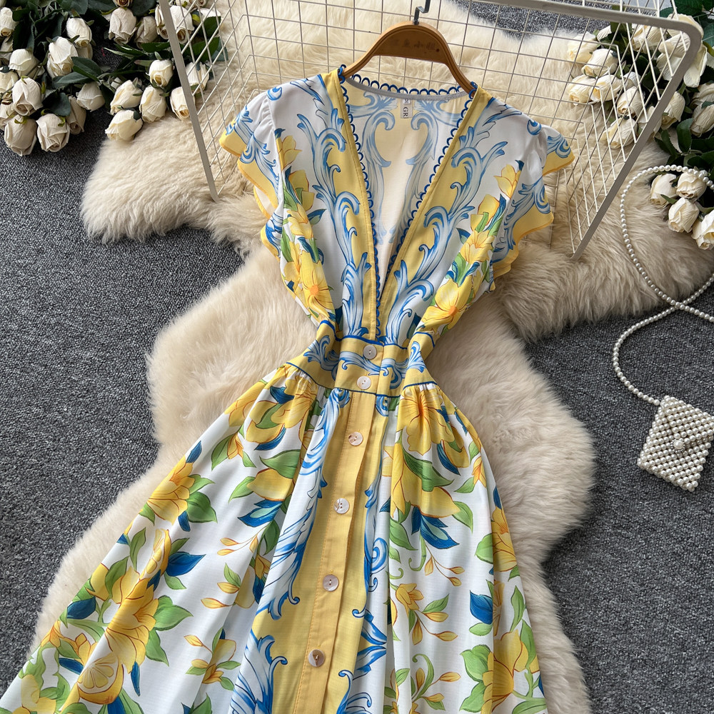 Women's European American Retro V Neck Dress Lace Trimmed Floral Print Fitted Waist Long Skirt Elegant Spring Autumn Wear_ecoleips.com