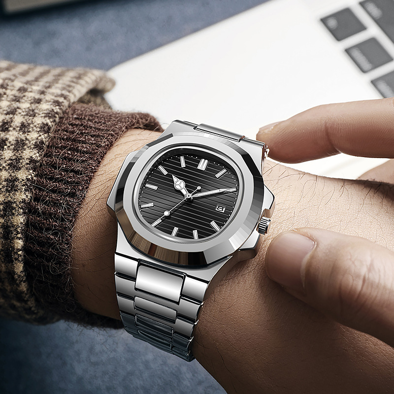 Relojes Nautilus transfronterizos Relojes mecánicos falsos Moda para hombres Cinturón de acero Calendario Reloj de cuarzo de fondo hueco luminoso