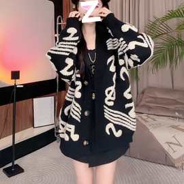 2025韩版中长款开胸外套慵懒风时尚撞色毛衣女秋冬季针织