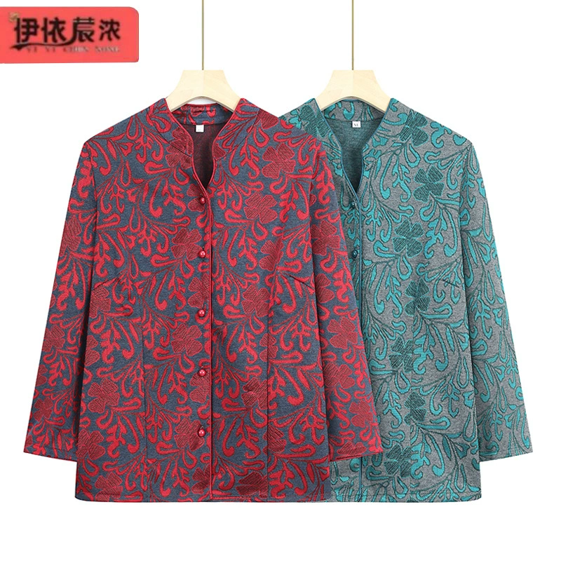 2024 Весна новая рубашка с V-образным вырезом, бабушка носит женскую одежду для пожилых женщин, тонкое пальто для пожилых женщин, рубашка с принтом, женская