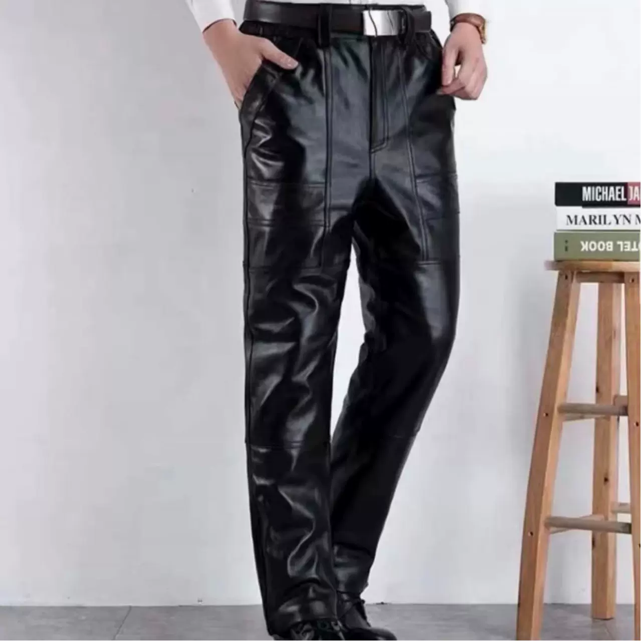 牛皮直筒皮裤男羊毛内胆机车裤皮毛一体高腰皮裤冬季抗寒真皮裤