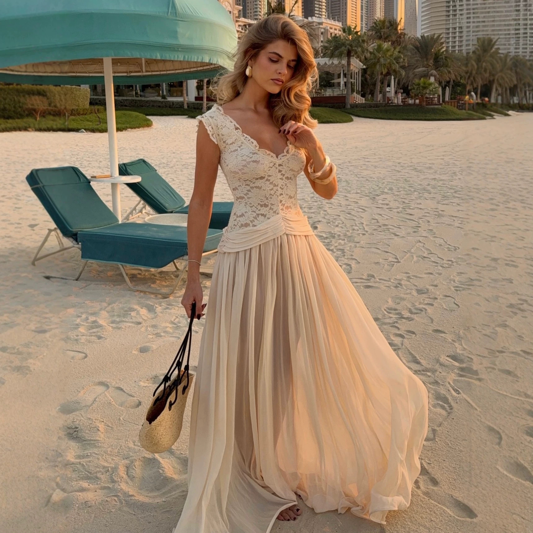 2026 Spring/Summer New Foreign Trade Evening Dresses Wholesale V-Neck Chiffon Long Dress Off-Shoulder Lace Elegant Dress French Style