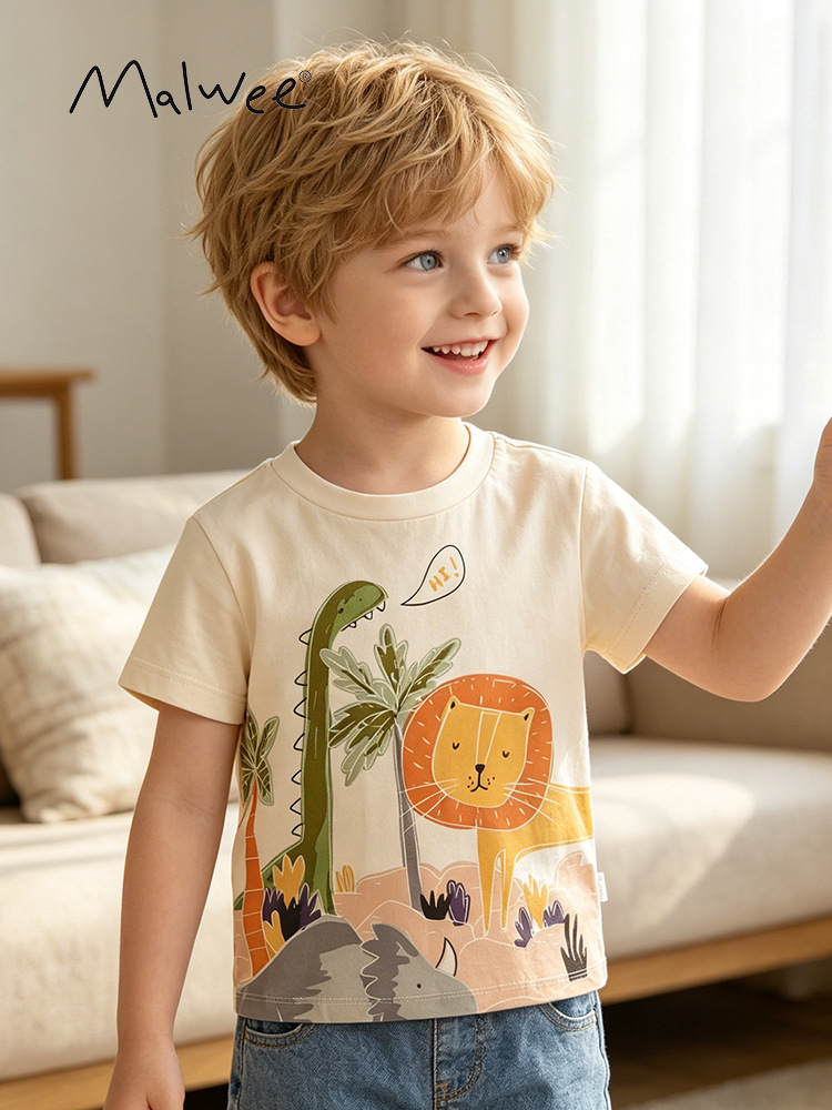 Malwee niños camiseta verano nuevo europeo y americano cuello redondo camisa estilo occidental de los niños impreso top de los muchachos