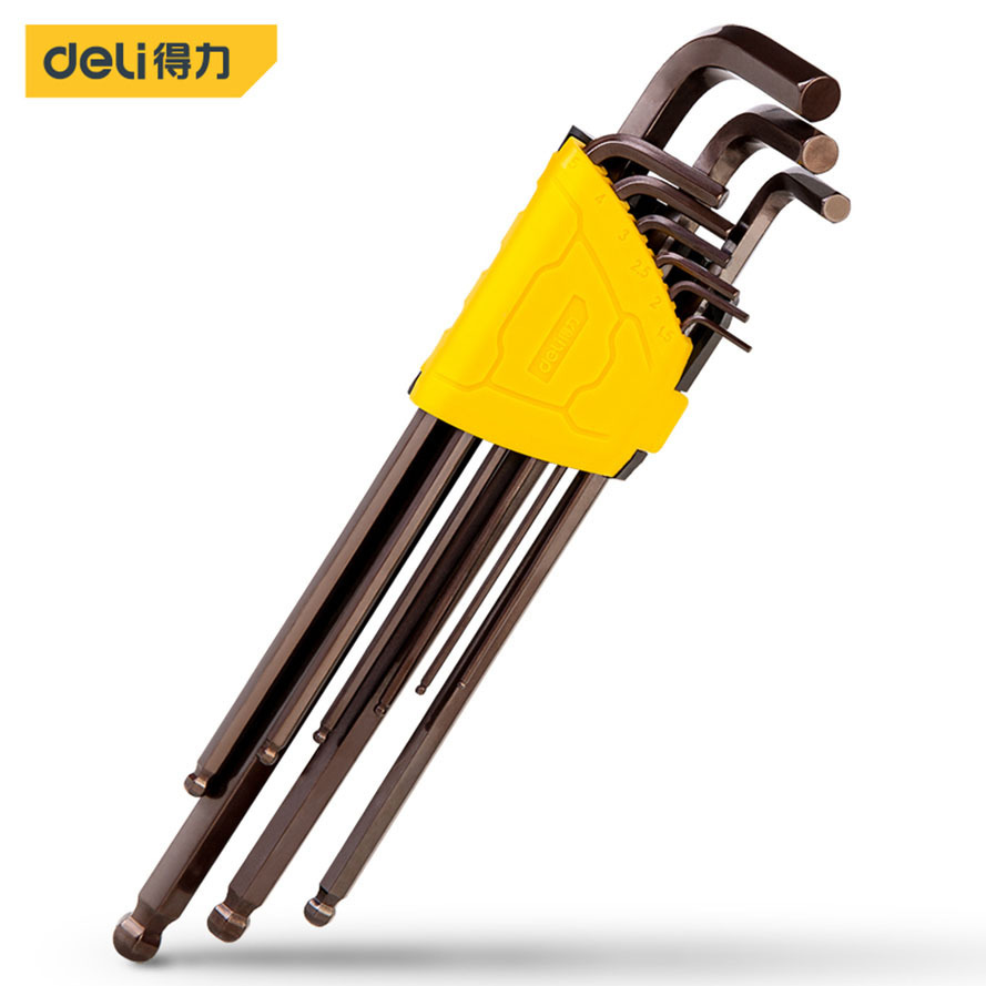 得力工具DL230709 DL230809工业级古铜色特长球头内六角组套9件套