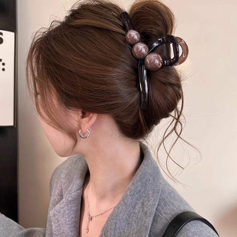 フレンチポルカドットレトロコントラストリボンリボンパールペンダント後頭部シャーククリップヘアピン女性用|undefined