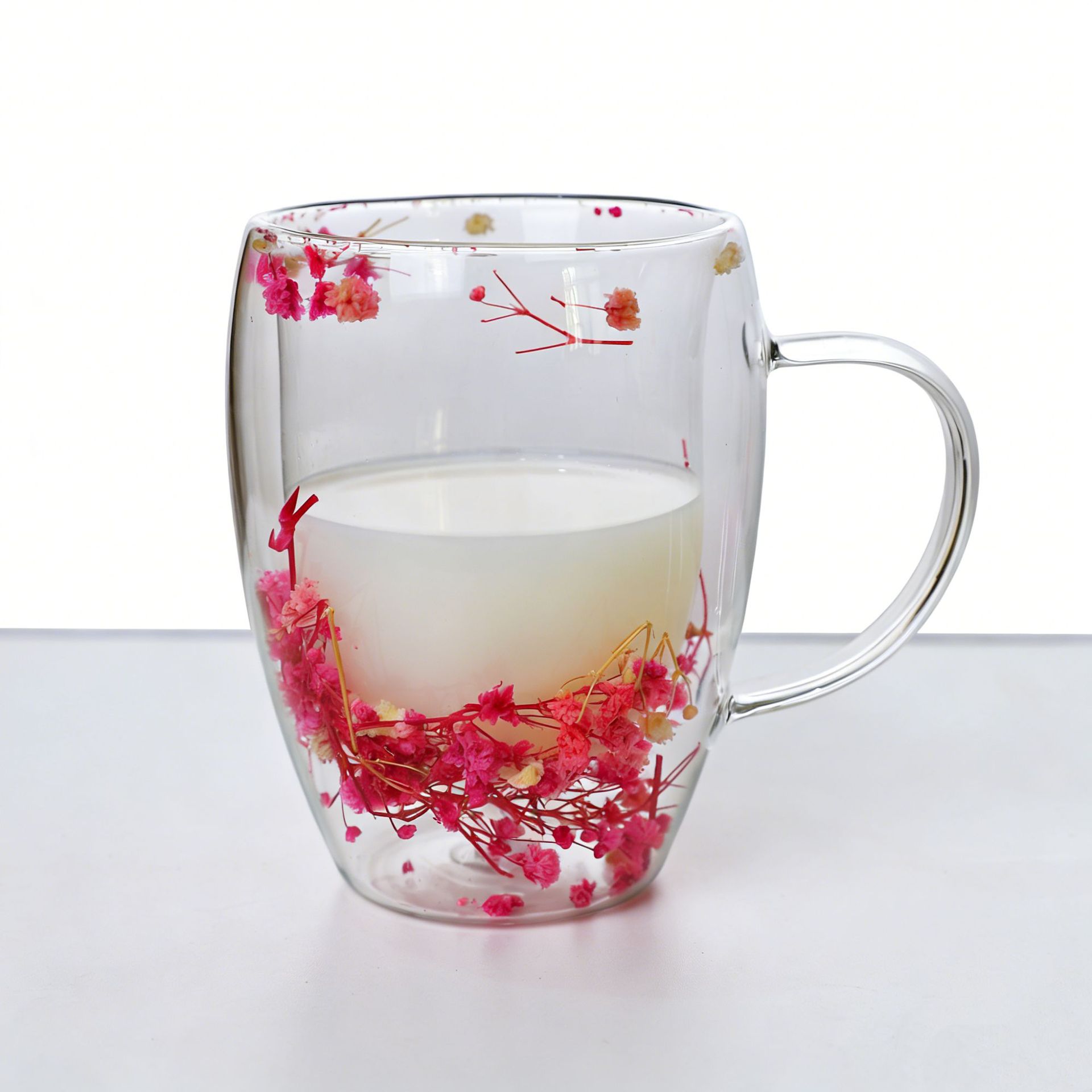 Taza de vidrio multicolor con flores secas insertadas, aislamiento térmico y anti-escaldado, taza de bebida doméstica de doble capa con mango en forma de huevo de flores secas