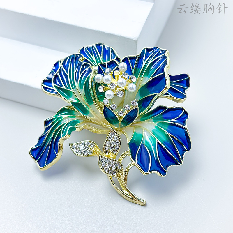 Blossoming wealth enamel peony brooch, high-end light luxury pearl flower chest flower, high-end bro