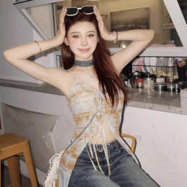 官图实价 设计感开叉印花无袖吊带背心女夏性感辣妹露背外穿上衣