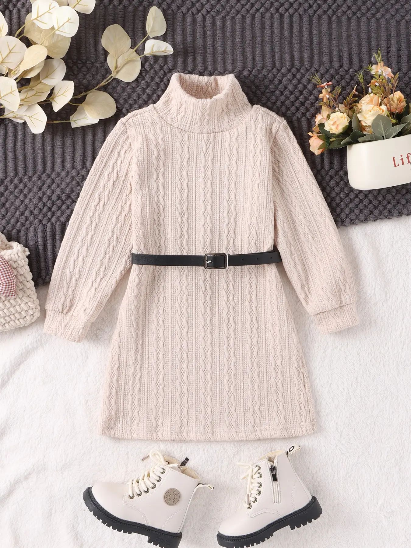 Girls Knitted Dress With Textured Details Long Sleeve Casual_voghion.com