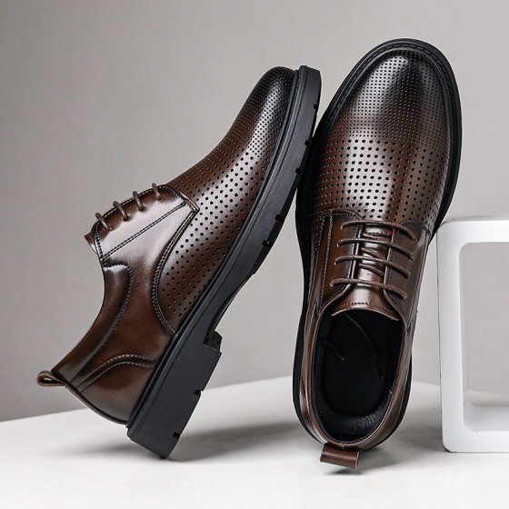 2025 summer hollow leather shoes men's breathable formal business hole shoes Korean groom wedding shoes a generation of hair