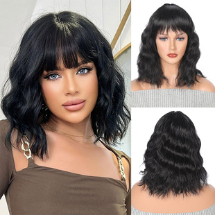 European and American short water ripple bobo head wig short curly hair shoulder-length bobo head synthetic wig heat-resistant bangs