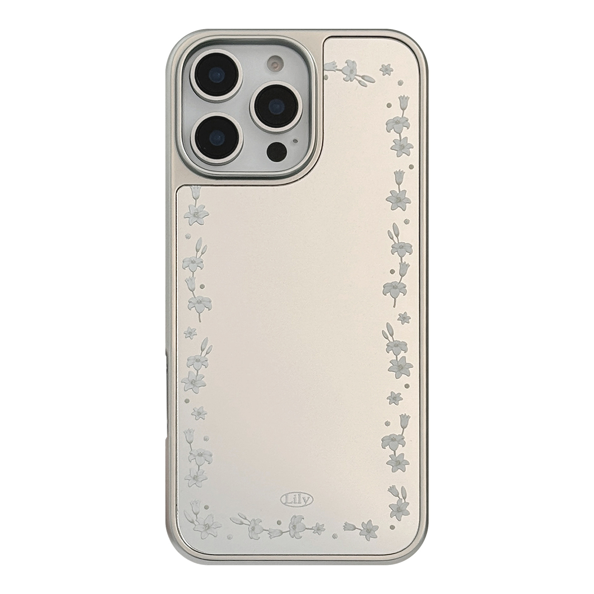 Borde plateado electrochapado adecuado para la funda del teléfono iPhone 16, 15 Pro Max, funda rígida con espejo y diseño artístico de flor de lirio para iPhone 17, 13