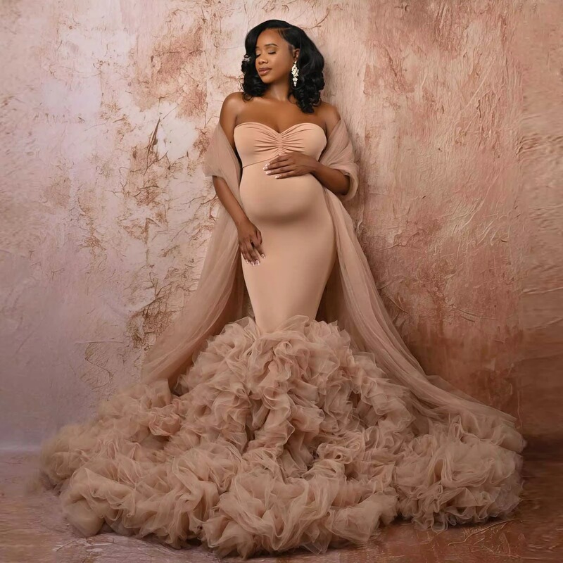 Strapless Maternity Photoshoot Dress, Slim Fit Mermaid Style, Puffy Long Train, Long Mesh Cardigan, Maternity Photography Clothing Wholesale Strapless Maternity Photoshoot Dress, Slim Fit Mermaid Style, Puffy Long Train, Long Mesh Cardigan, Maternity Photography Clothing Wholesale