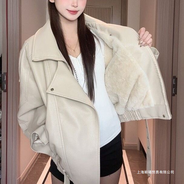 Fleece-Lined and Thickened Autumn and Winter New Leather Jacket for Women, Hong Kong Style, Versatile Leather Jacket, Korean Style, Loose Fit