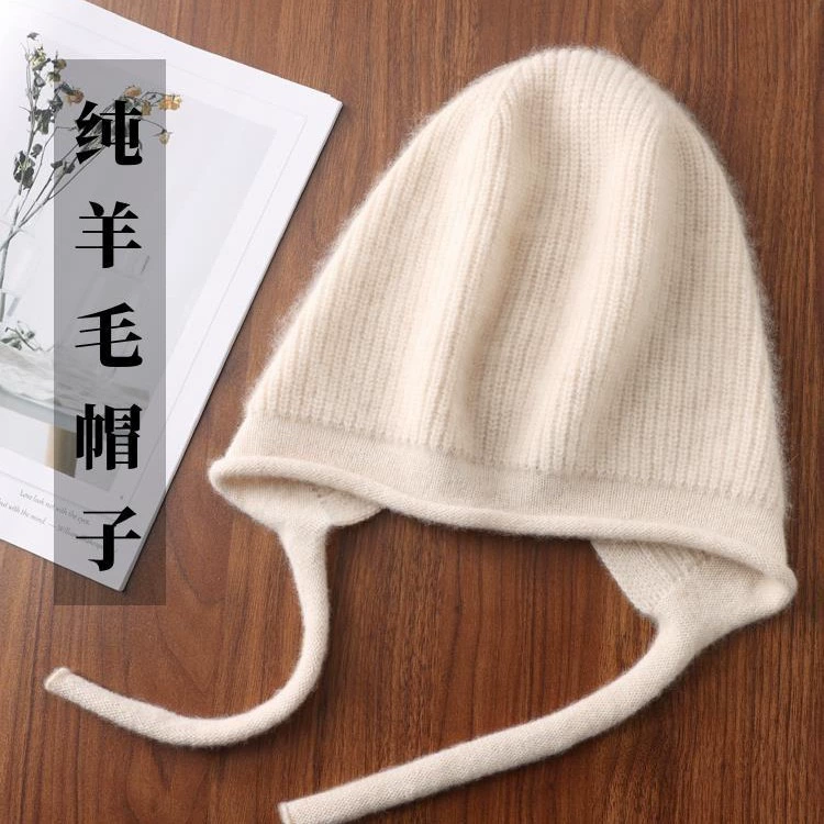 Шапка из 100 шерсти в Корейском стиле, женская зимняя вязаная шапка, теплая Молодежная шапка с защитой ушей, шапка для завивки на шнуровке